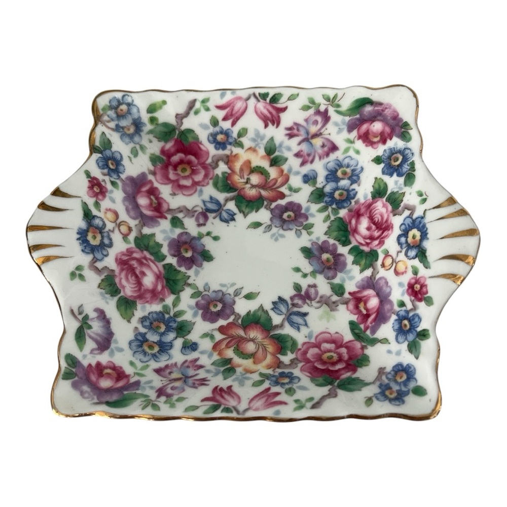 Staffordshire Fine Bone China Springtime Floral Gold Rimmed Trinket Dish